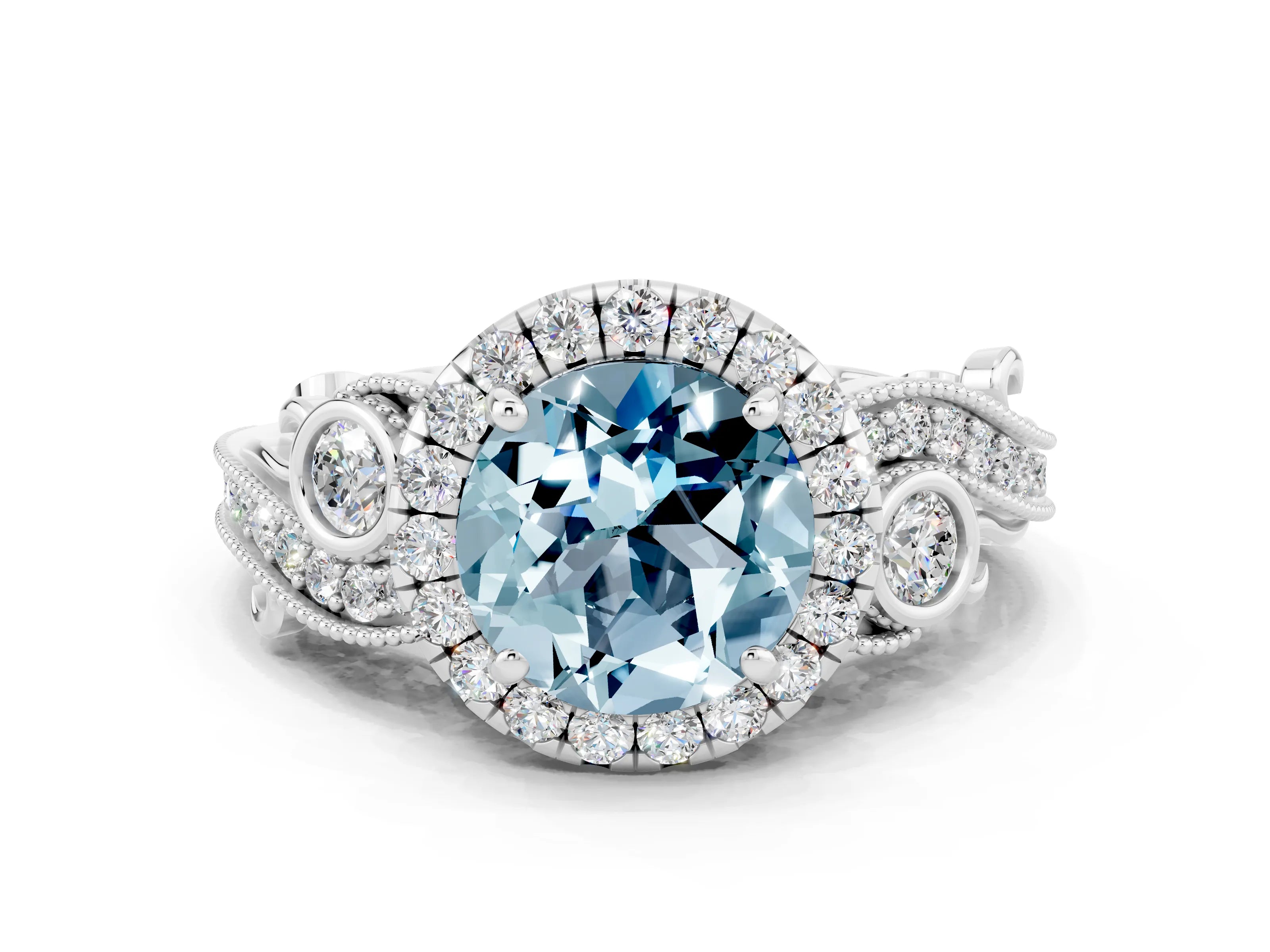 White gold Round Cut Aquamarine Halo Ring with Milgrain Pavé Band and Four-Prong Setting_12