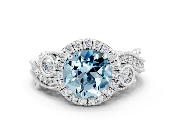 Silver Round Cut Aquamarine Halo Ring with Milgrain Pavé Band and Four-Prong Setting