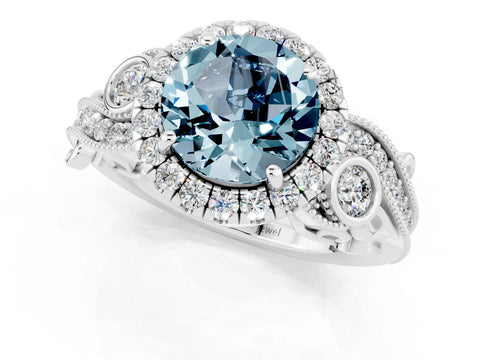 White gold Round Cut Aquamarine Halo Ring with Milgrain Pavé Band and Four-Prong Setting_13