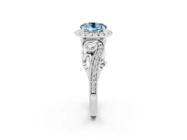 Platinum Round Cut Aquamarine Halo Ring with Milgrain Pavé Band and Four-Prong Setting