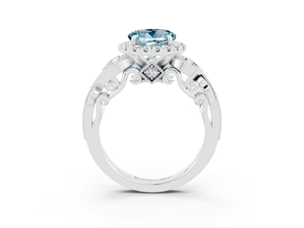 Silver Round Cut Aquamarine Halo Ring with Milgrain Pavé Band and Four-Prong Setting