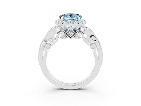 White gold Round Cut Aquamarine Halo Ring with Milgrain Pavé Band and Four-Prong Setting_15