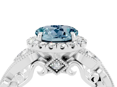 White gold Round Cut Aquamarine Halo Ring with Milgrain Pavé Band and Four-Prong Setting_16