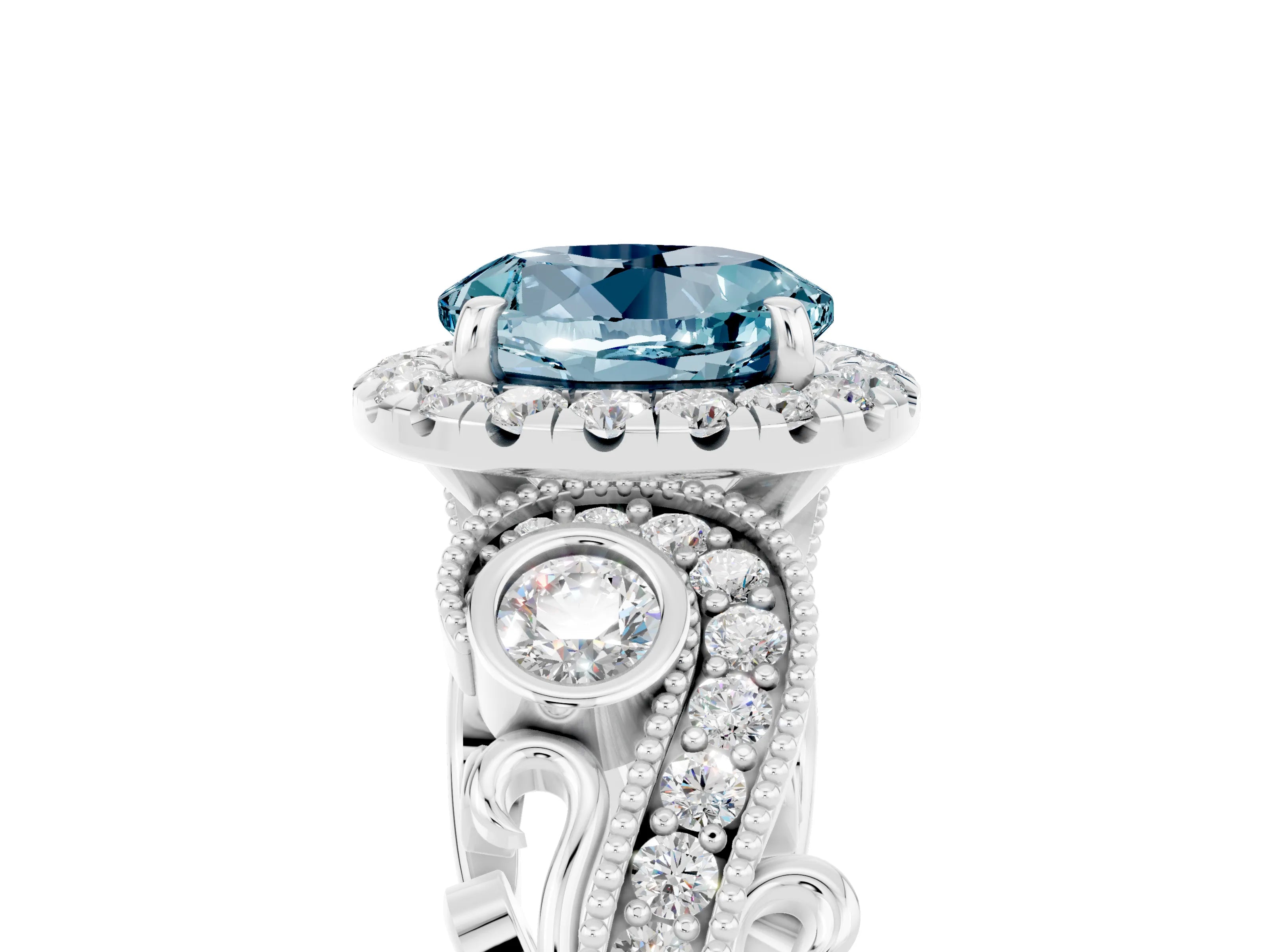 White gold Round Cut Aquamarine Halo Ring with Milgrain Pavé Band and Four-Prong Setting_17