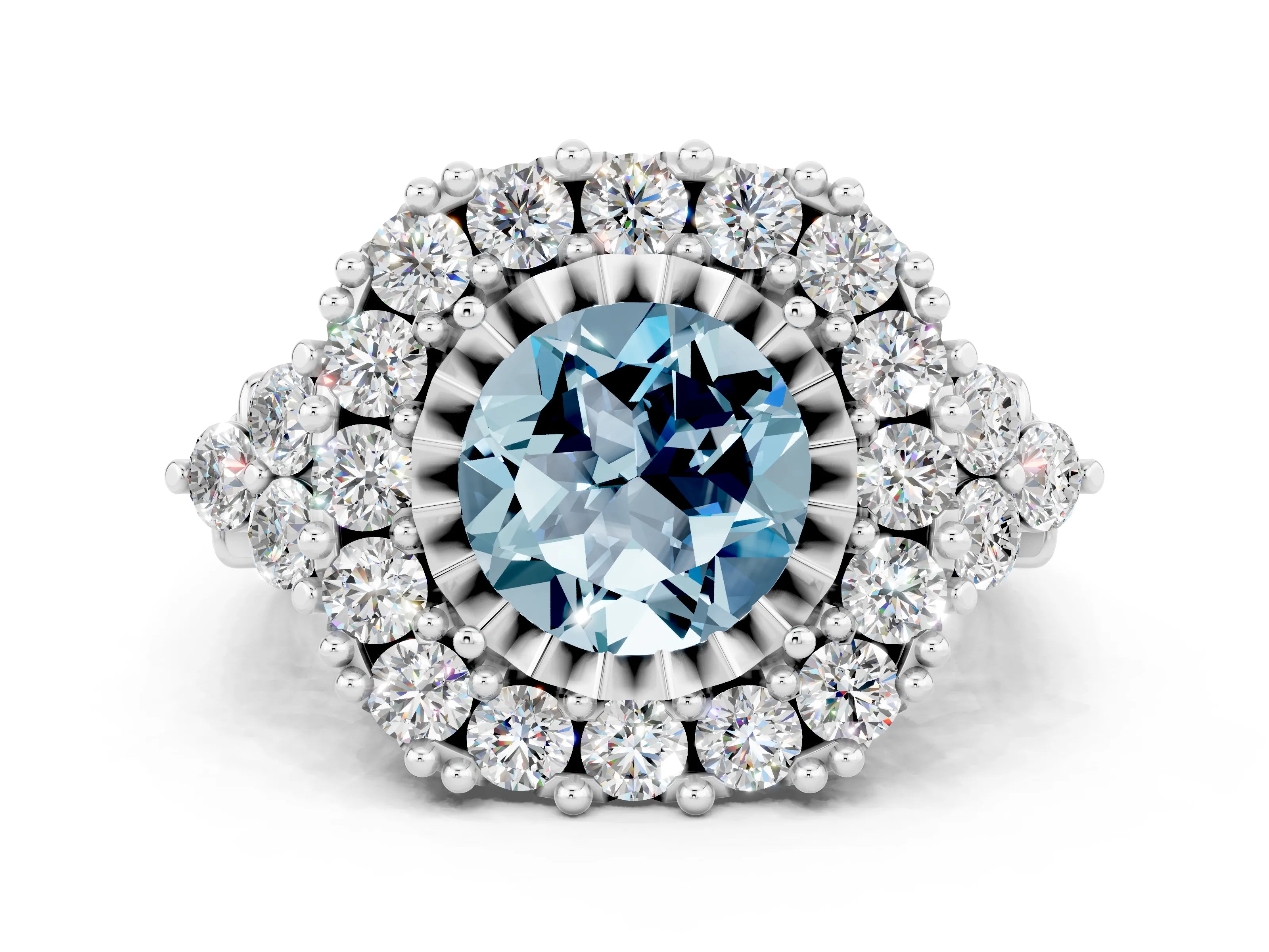 White gold Round Cut Aquamarine Halo Ring with Pavé Band and Four-Prong Setting_12