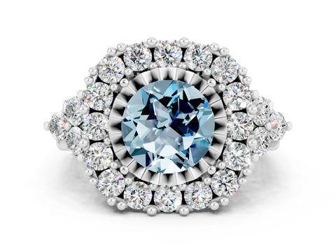 White gold Round Cut Aquamarine Halo Ring with Pavé Band and Four-Prong Setting_12