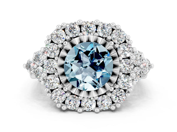 White gold Round Cut Aquamarine Halo Ring with Pavé Band and Four-Prong Setting
