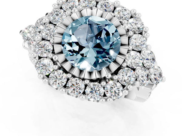 White gold Round Cut Aquamarine Halo Ring with Pavé Band and Four-Prong Setting