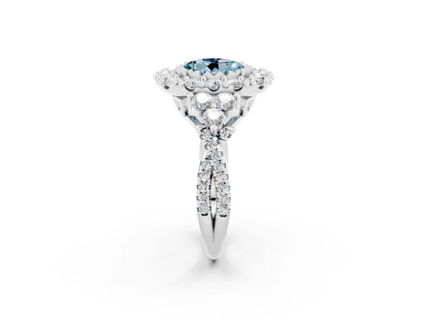 Silver Round Cut Aquamarine Halo Ring with Pavé Band and Four-Prong Setting