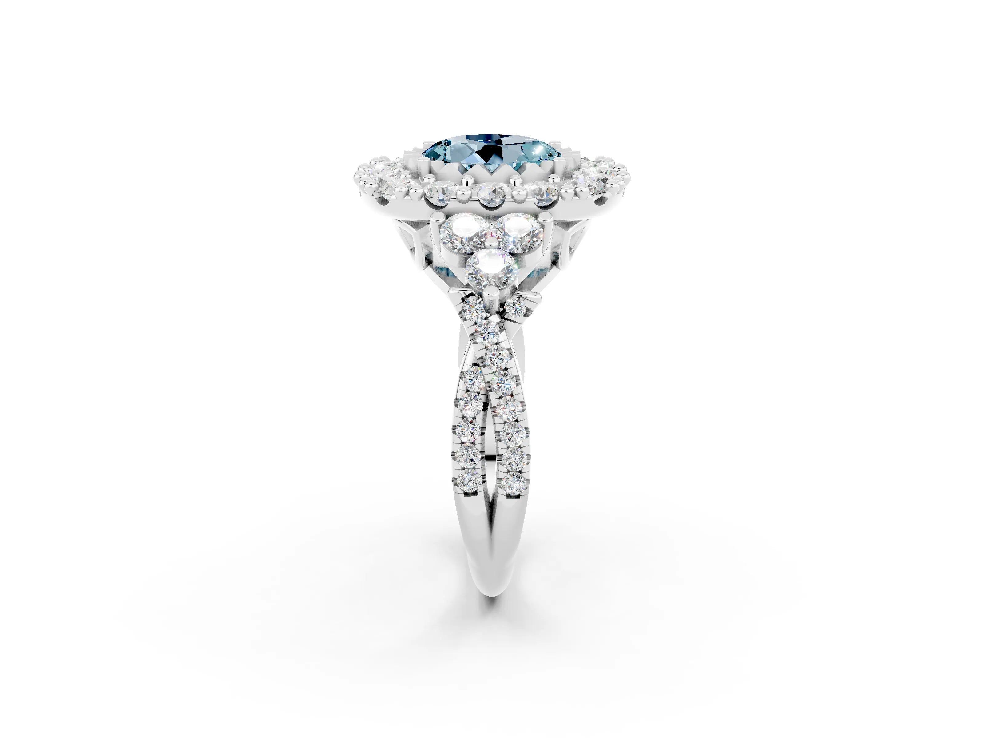 White gold Round Cut Aquamarine Halo Ring with Pavé Band and Four-Prong Setting_14