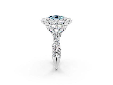 White gold Round Cut Aquamarine Halo Ring with Pavé Band and Four-Prong Setting_14