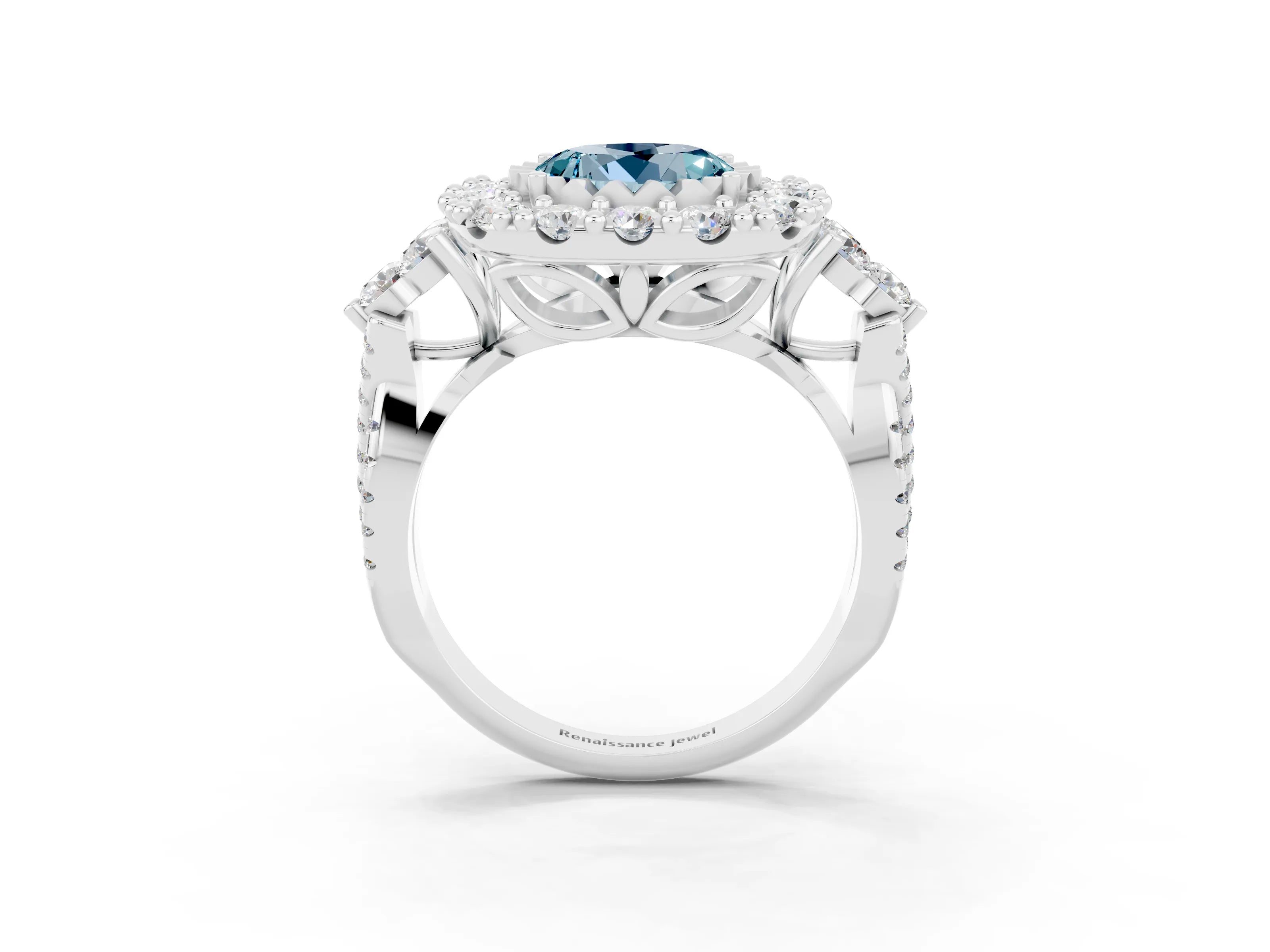 White gold Round Cut Aquamarine Halo Ring with Pavé Band and Four-Prong Setting_15