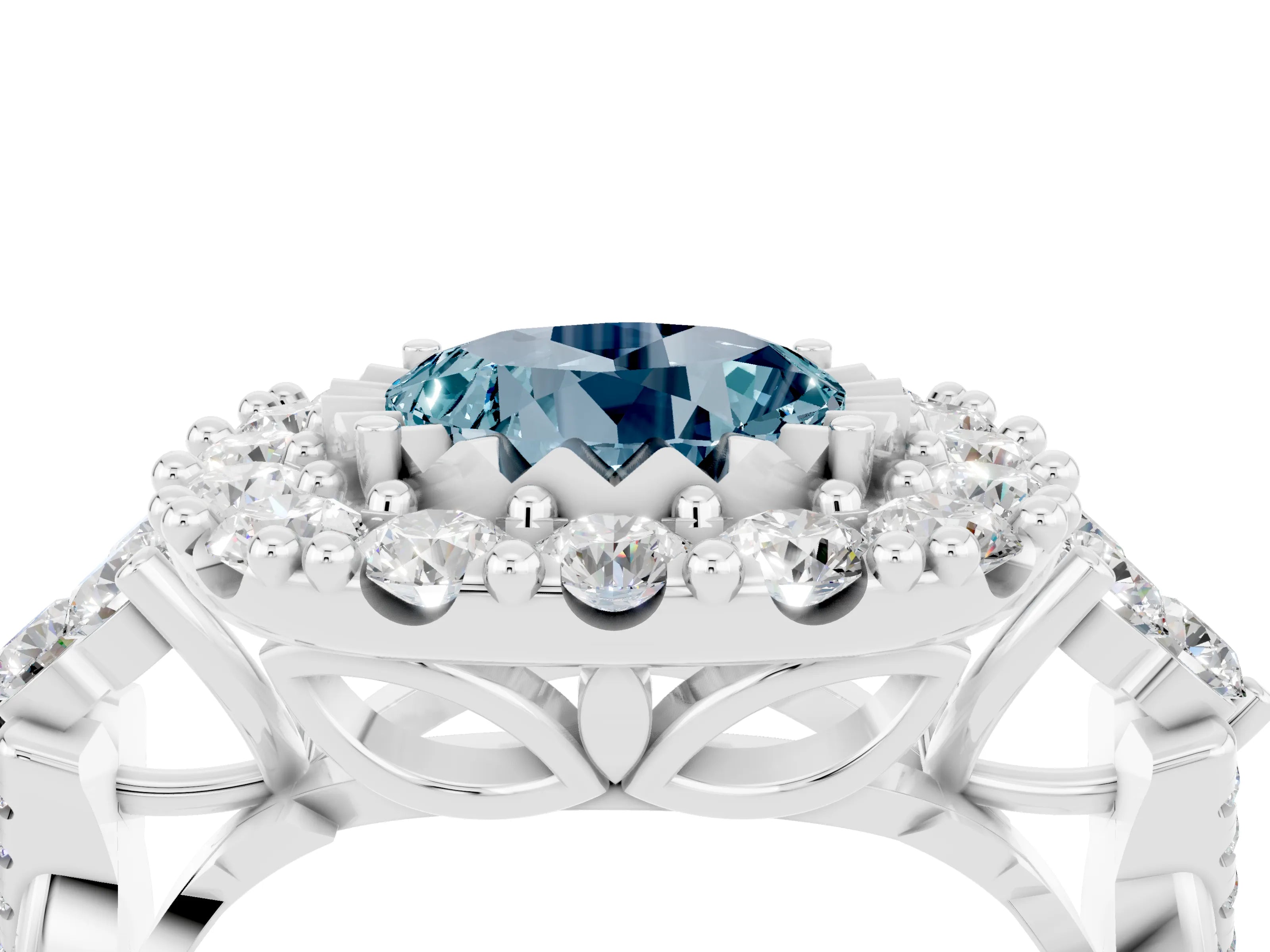 White gold Round Cut Aquamarine Halo Ring with Pavé Band and Four-Prong Setting_16