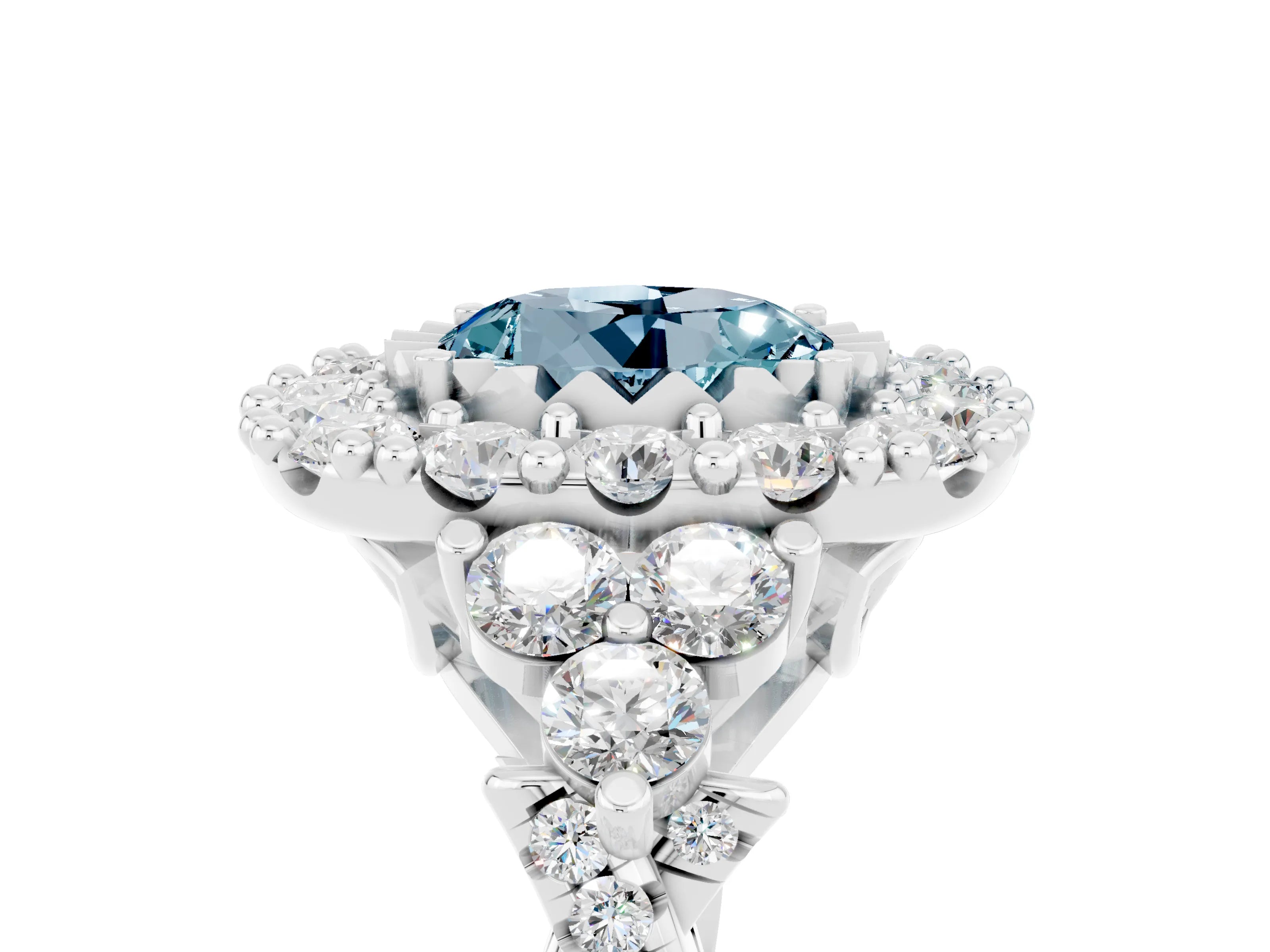 White gold Round Cut Aquamarine Halo Ring with Pavé Band and Four-Prong Setting_17