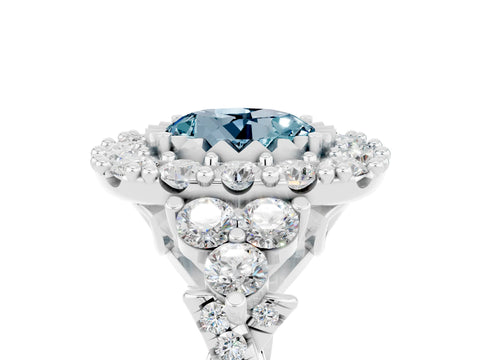 White gold Round Cut Aquamarine Halo Ring with Pavé Band and Four-Prong Setting_17