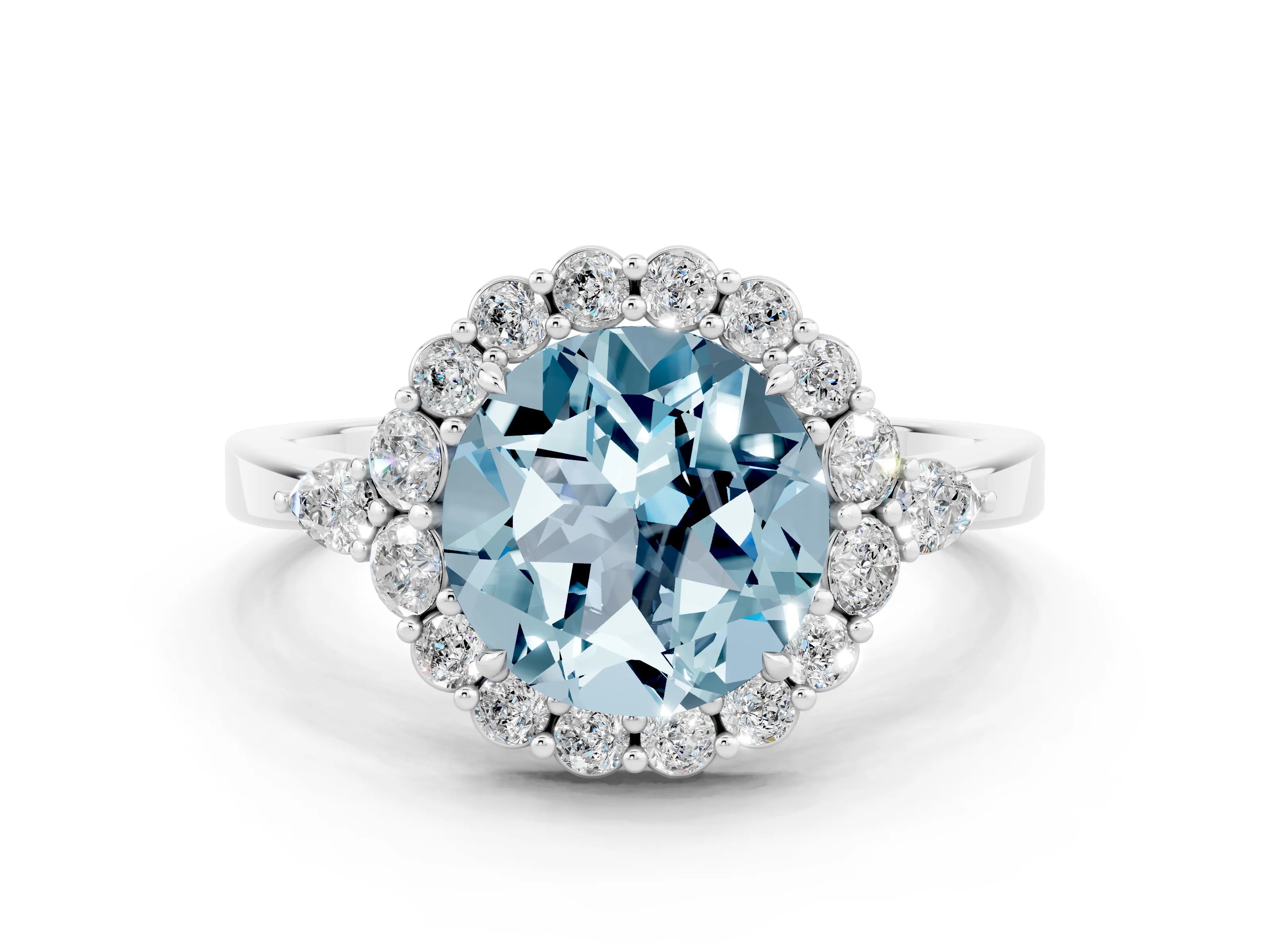White gold Round Cut Aquamarine Halo Ring with Pear Side Stones and Prong Setting_24
