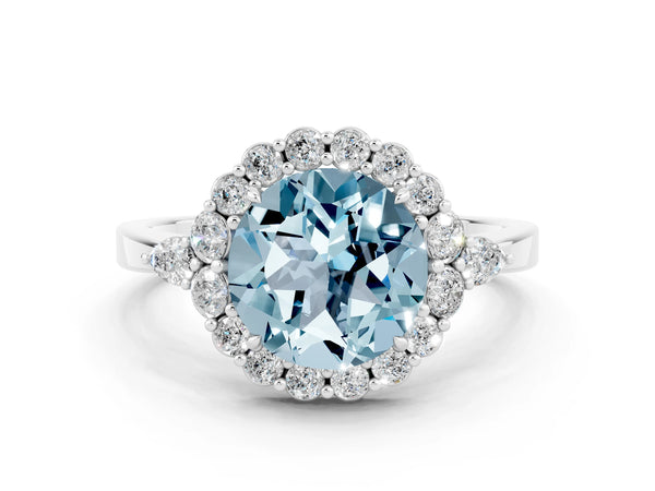 Silver Round Cut Aquamarine Halo Ring with Pear Side Stones and Prong Setting