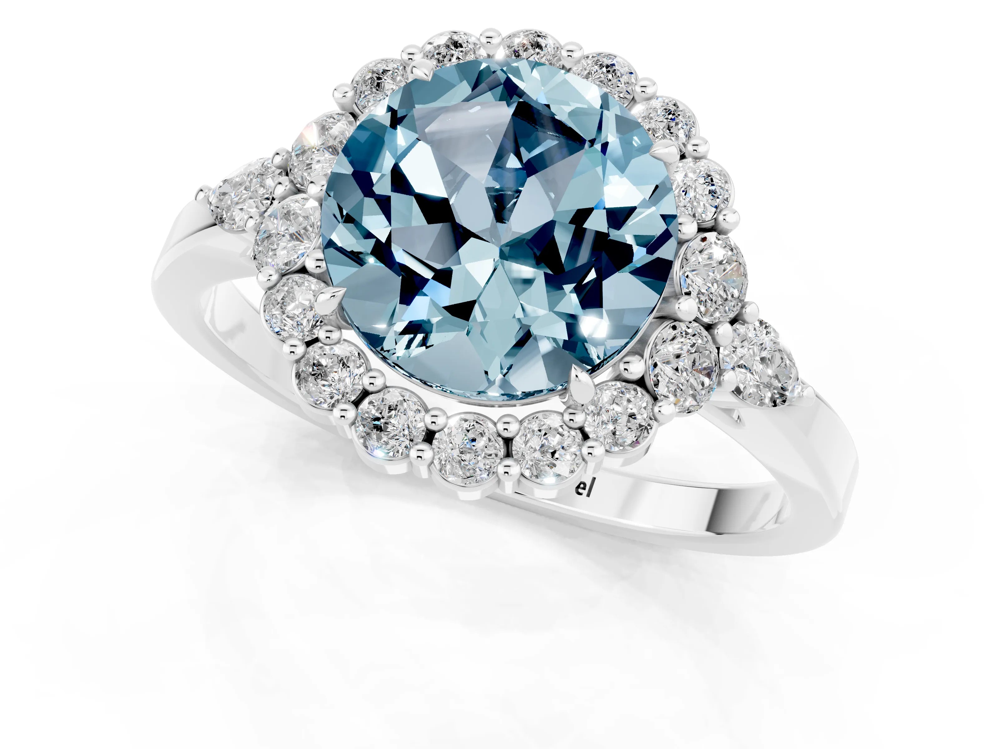 White gold Round Cut Aquamarine Halo Ring with Pear Side Stones and Prong Setting_25