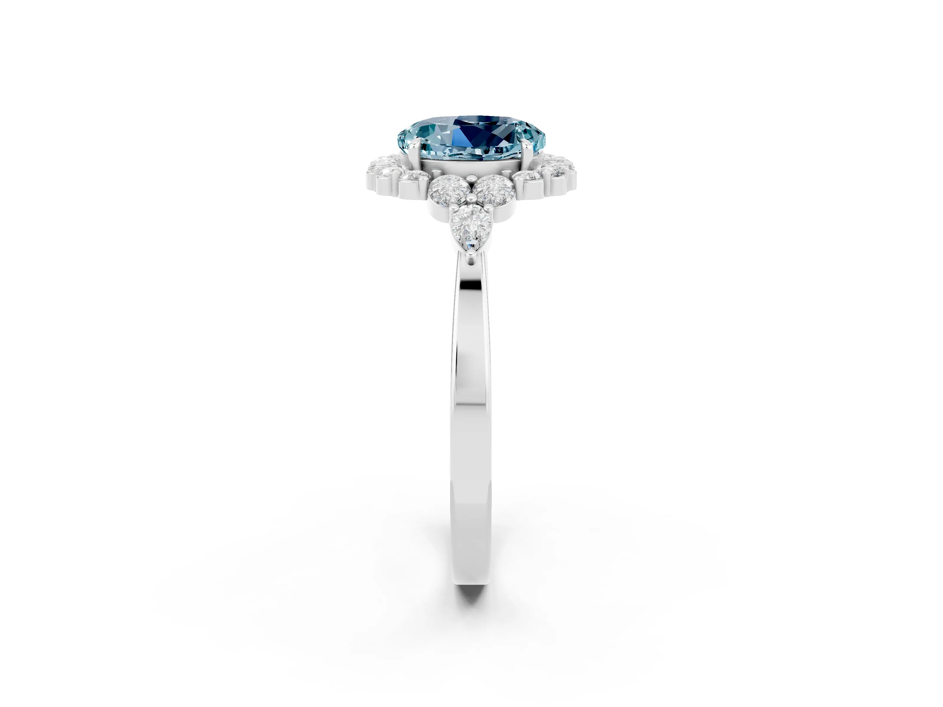 White gold Round Cut Aquamarine Halo Ring with Pear Side Stones and Prong Setting_26