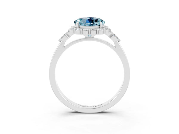 White gold Round Cut Aquamarine Halo Ring with Pear Side Stones and Prong Setting