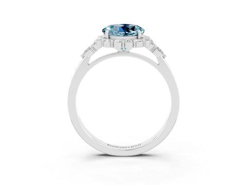White gold Round Cut Aquamarine Halo Ring with Pear Side Stones and Prong Setting_27