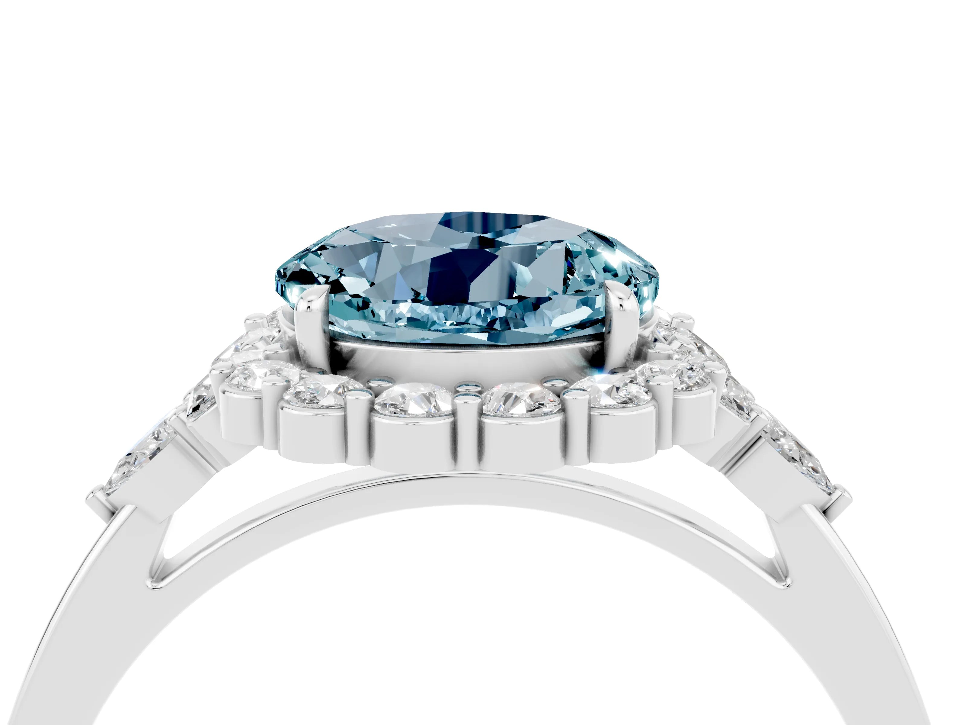 White gold Round Cut Aquamarine Halo Ring with Pear Side Stones and Prong Setting_28