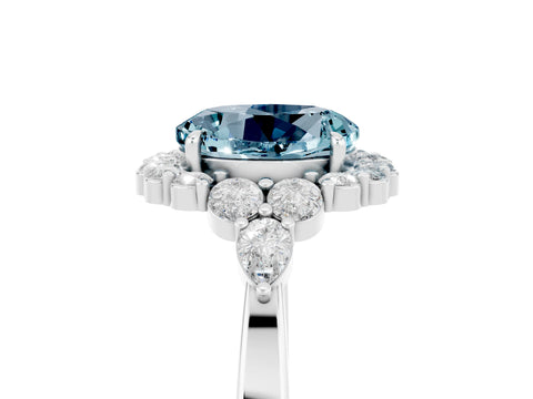 White gold Round Cut Aquamarine Halo Ring with Pear Side Stones and Prong Setting_29