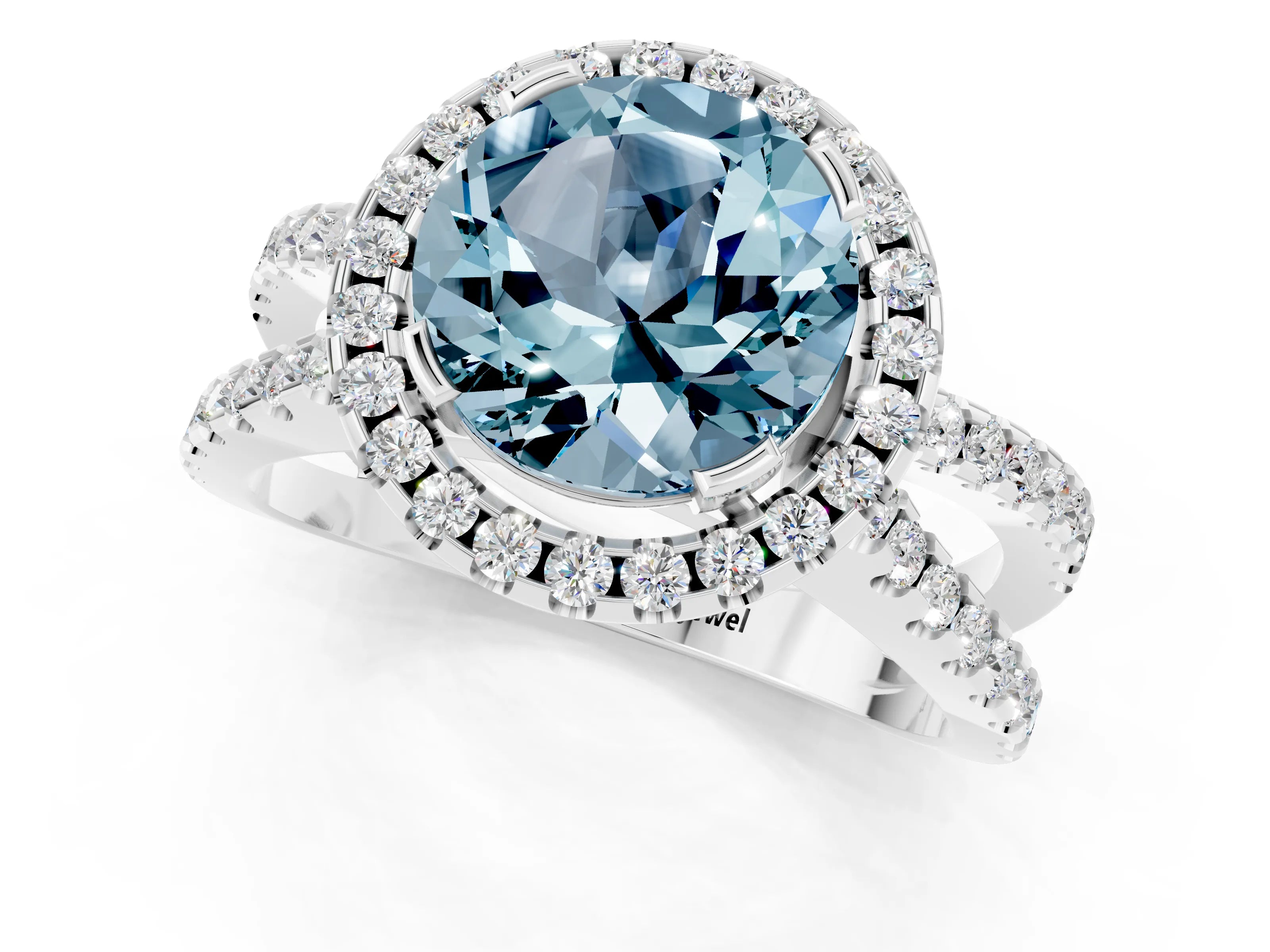 White gold Round Cut Aquamarine Halo Ring with Split Shank Pavé Band and Prong Setting_1