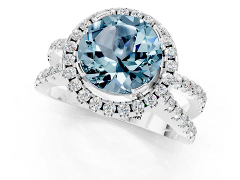 White gold Round Cut Aquamarine Halo Ring with Split Shank Pavé Band and Prong Setting_1