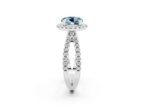 White gold Round Cut Aquamarine Halo Ring with Split Shank Pavé Band and Prong Setting