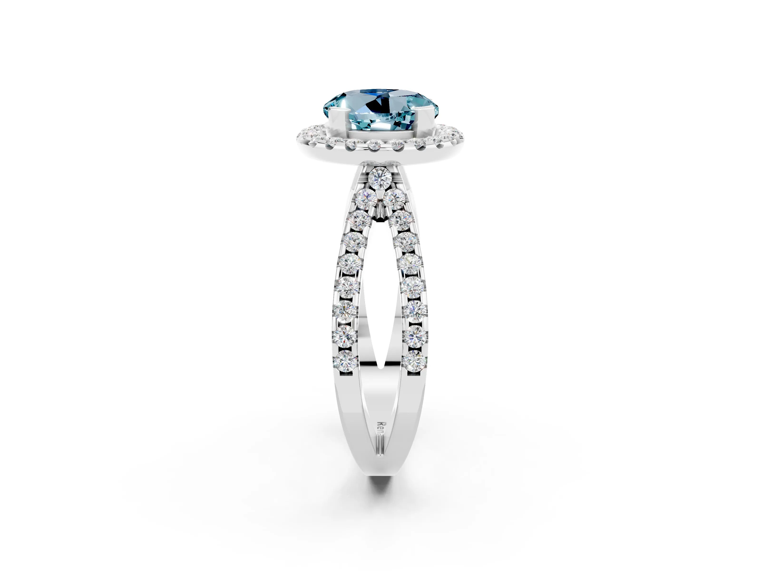 White gold Round Cut Aquamarine Halo Ring with Split Shank Pavé Band and Prong Setting_2