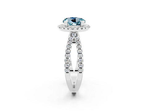 White gold Round Cut Aquamarine Halo Ring with Split Shank Pavé Band and Prong Setting_2