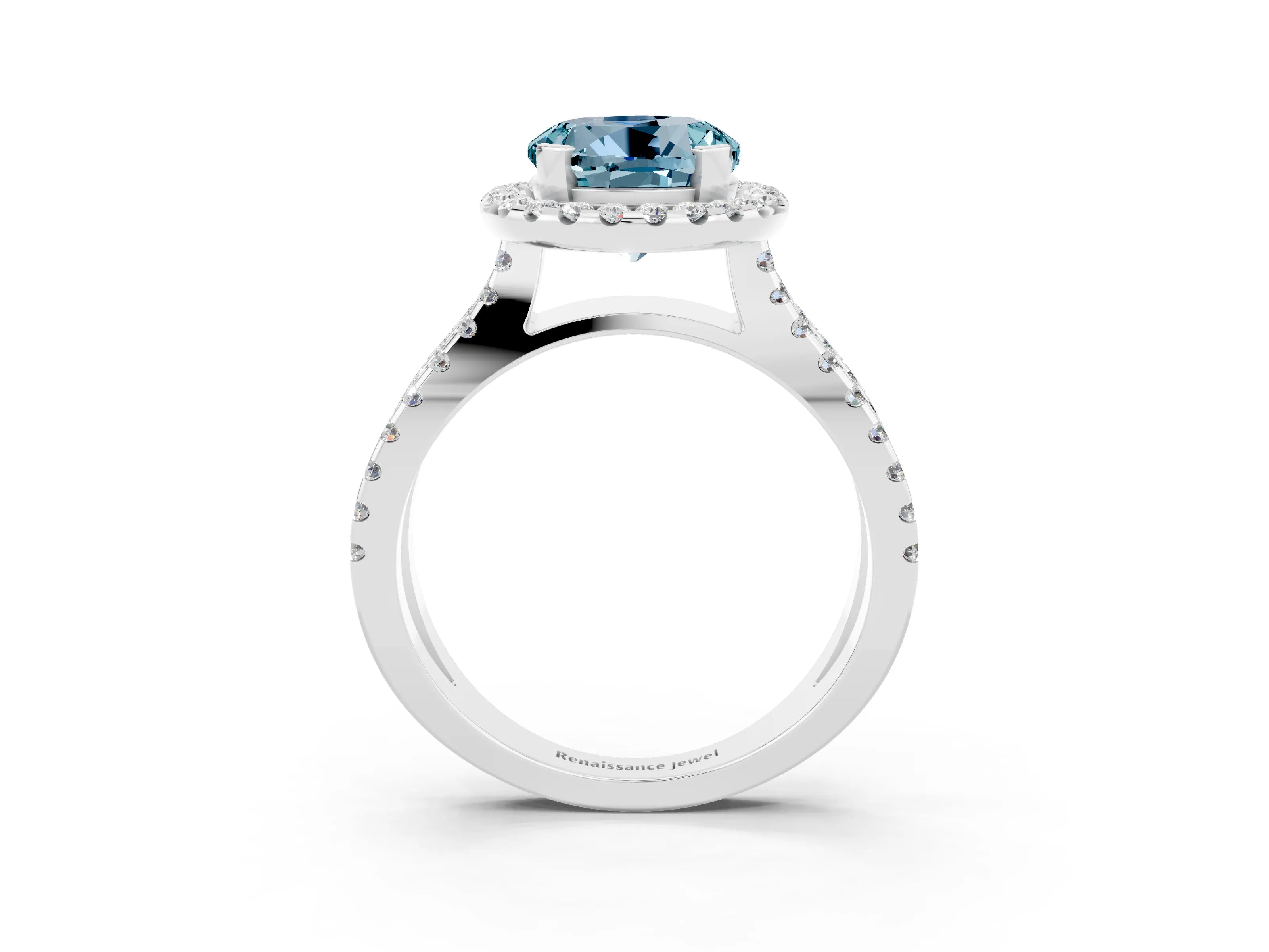 White gold Round Cut Aquamarine Halo Ring with Split Shank Pavé Band and Prong Setting_3