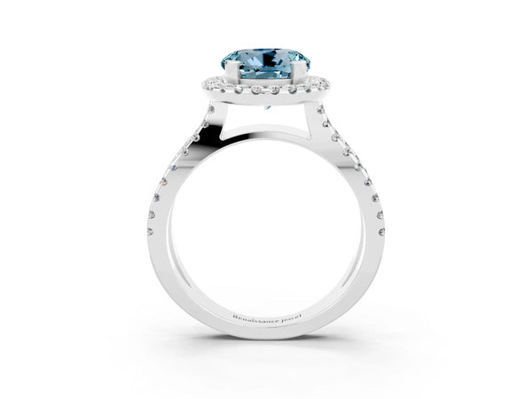 Platinum Round Cut Aquamarine Halo Ring with Split Shank Pavé Band and Prong Setting