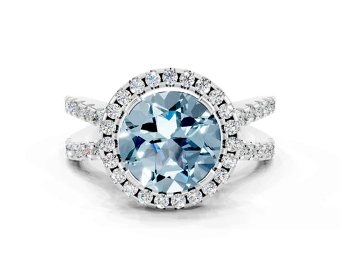 White gold Round Cut Aquamarine Halo Ring with Split Shank Pavé Band and Prong Setting