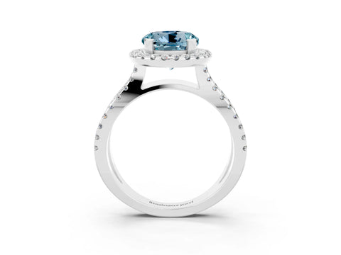 White gold Round Cut Aquamarine Halo Ring with Split Shank Pavé Band and Prong Setting_3