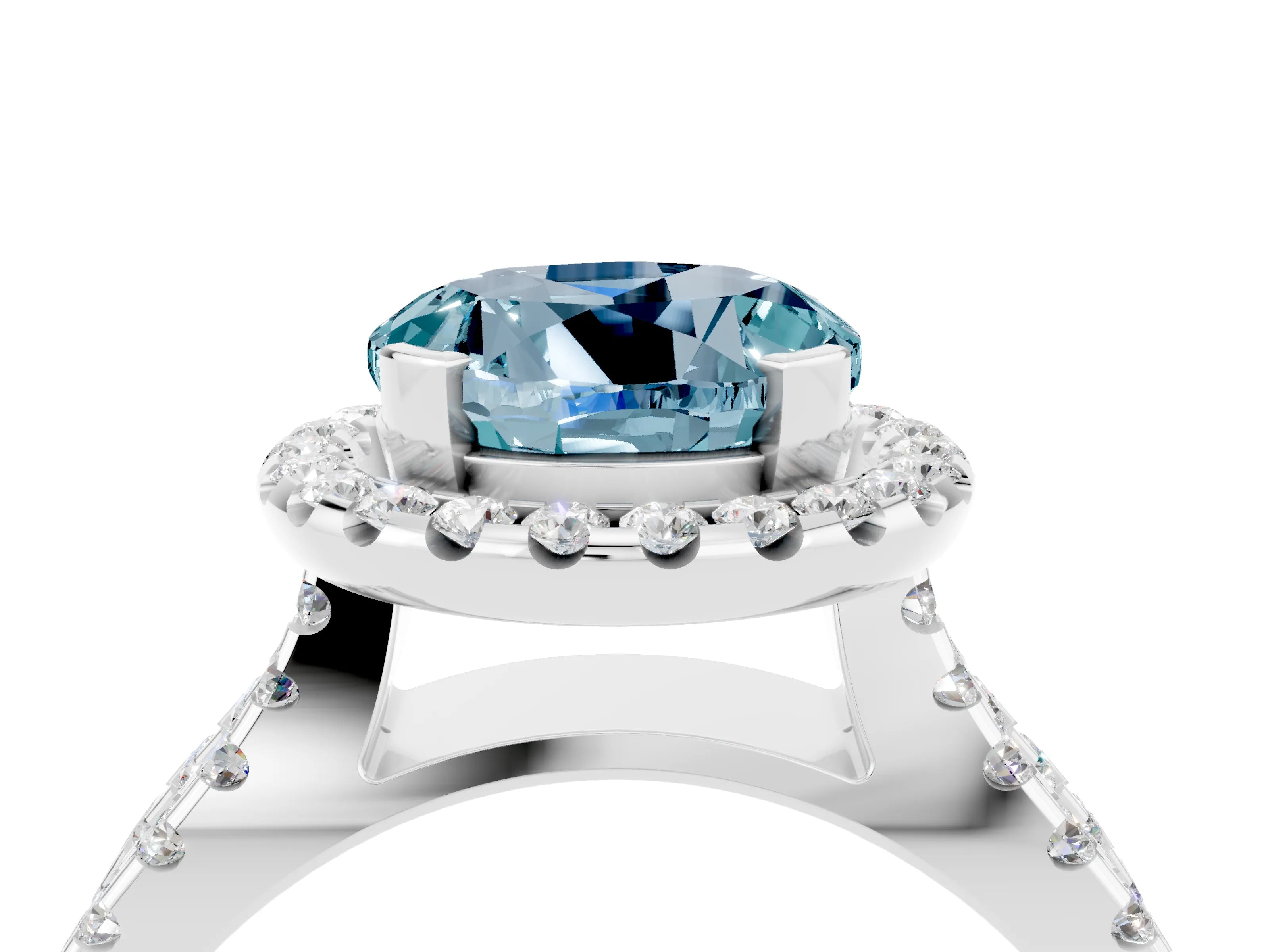White gold Round Cut Aquamarine Halo Ring with Split Shank Pavé Band and Prong Setting_4