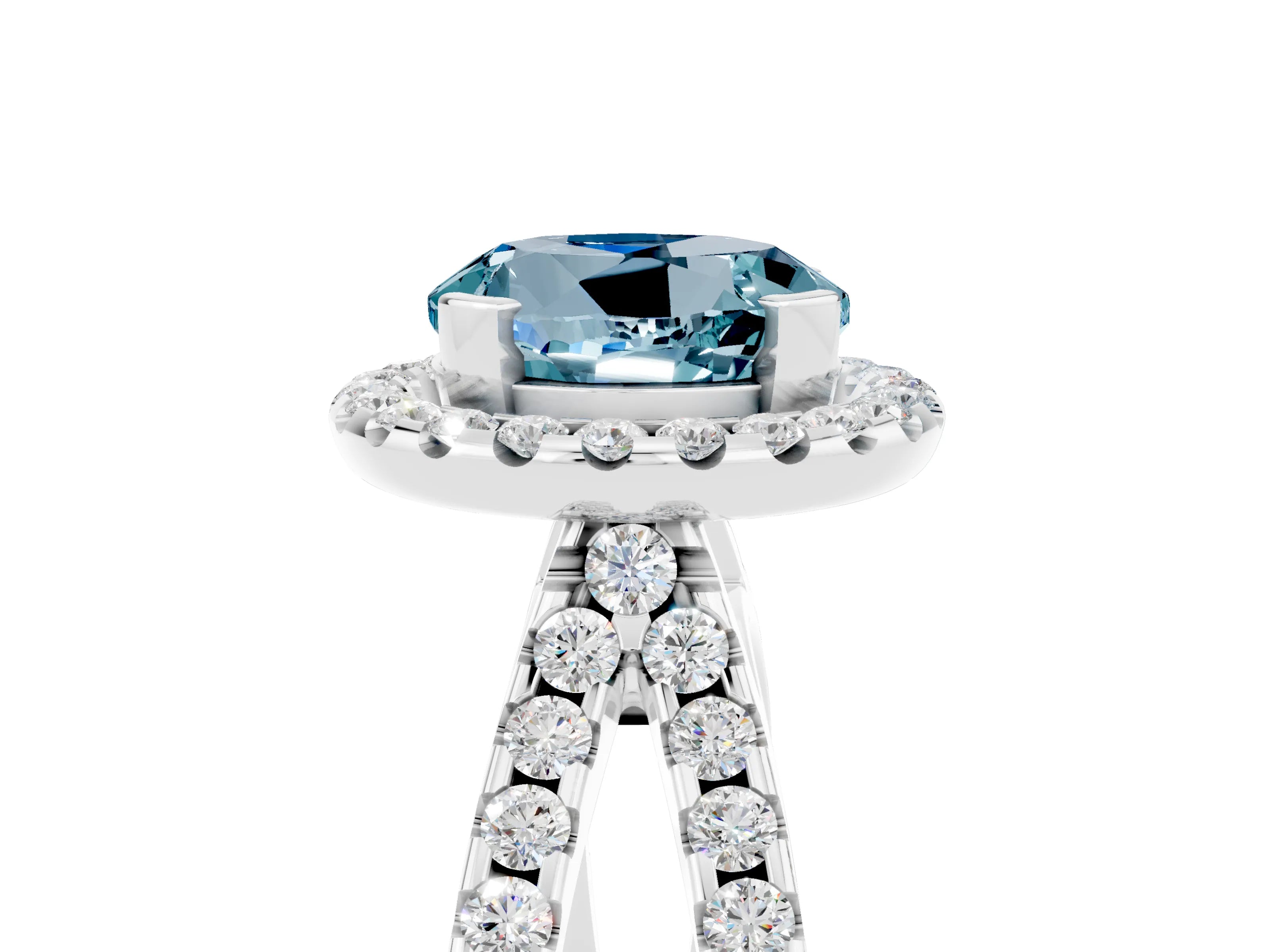 White gold Round Cut Aquamarine Halo Ring with Split Shank Pavé Band and Prong Setting_5