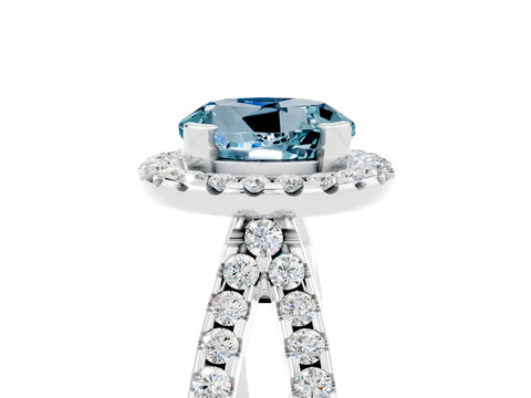White gold Round Cut Aquamarine Halo Ring with Split Shank Pavé Band and Prong Setting_5
