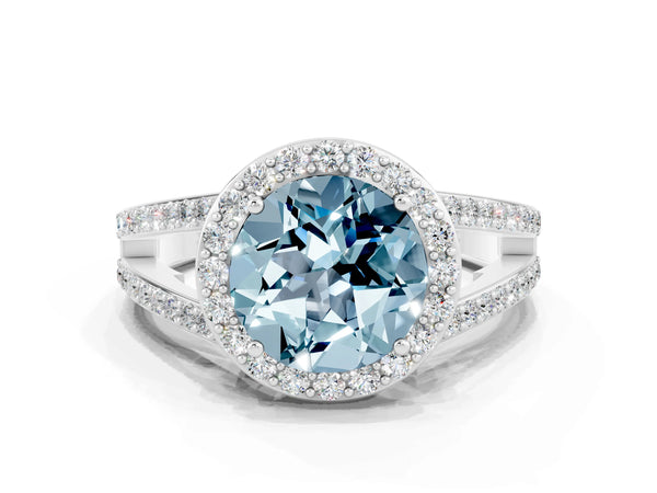 White gold Round Cut Aquamarine Halo Ring with Split Shank U-Prong Band and Four-Prong Setting