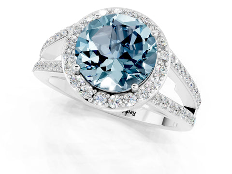White gold Round Cut Aquamarine Halo Ring with Split Shank U-Prong Band and Four-Prong Setting_1