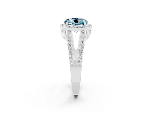 White gold Round Cut Aquamarine Halo Ring with Split Shank U-Prong Band and Four-Prong Setting