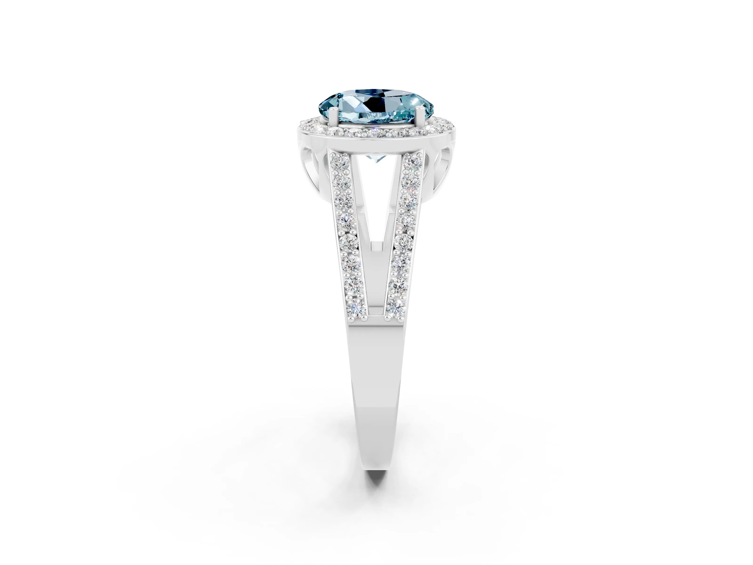 White gold Round Cut Aquamarine Halo Ring with Split Shank U-Prong Band and Four-Prong Setting_2