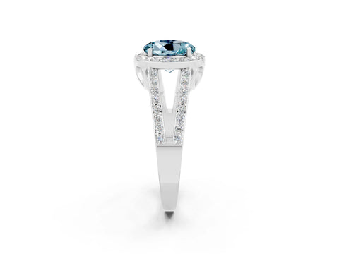 White gold Round Cut Aquamarine Halo Ring with Split Shank U-Prong Band and Four-Prong Setting_2