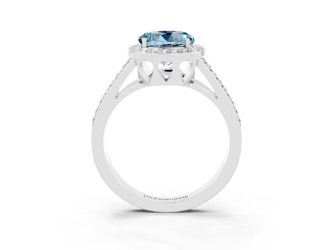 White gold Round Cut Aquamarine Halo Ring with Split Shank U-Prong Band and Four-Prong Setting_3