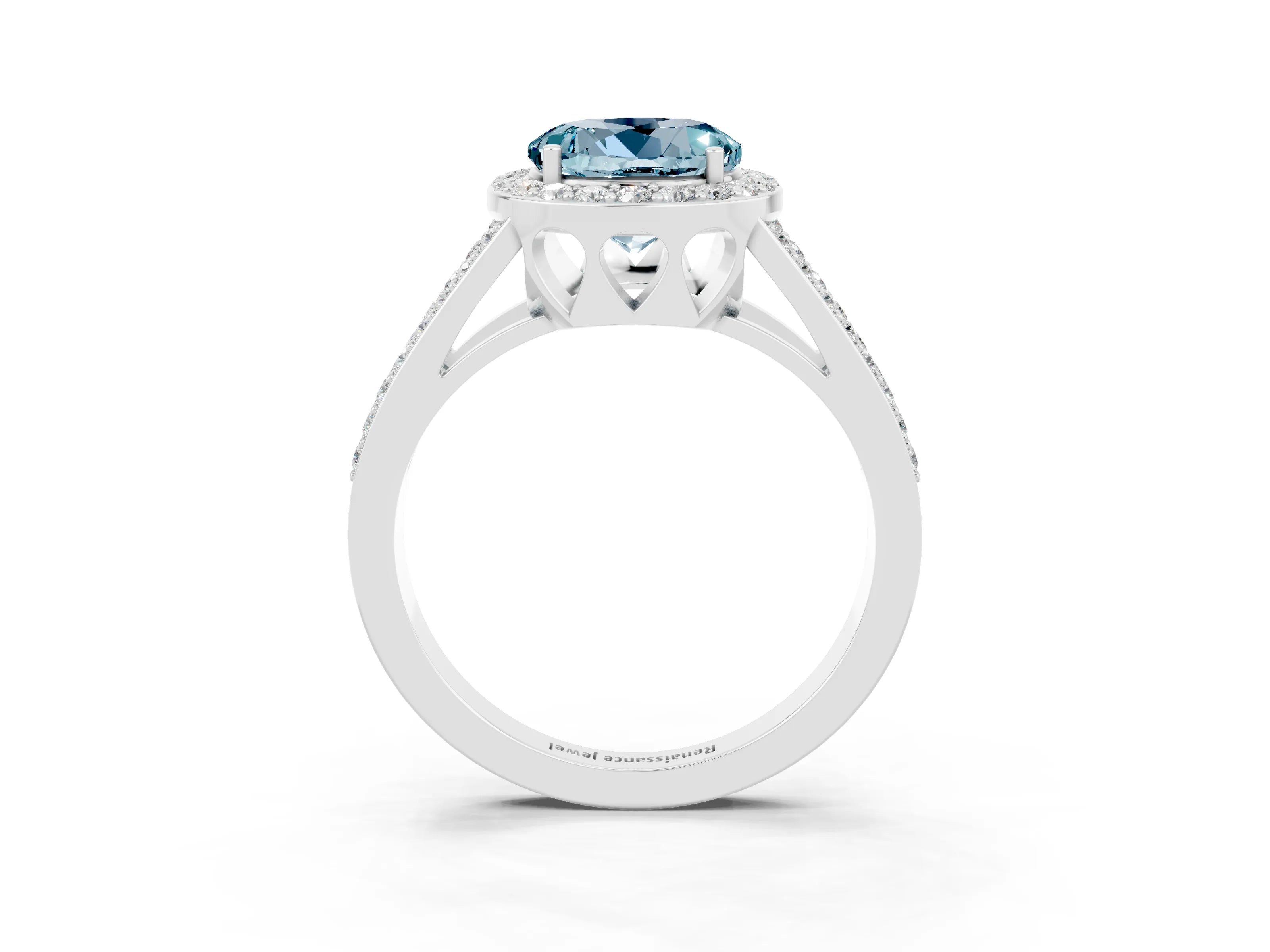 White gold Round Cut Aquamarine Halo Ring with Split Shank U-Prong Band and Four-Prong Setting_3