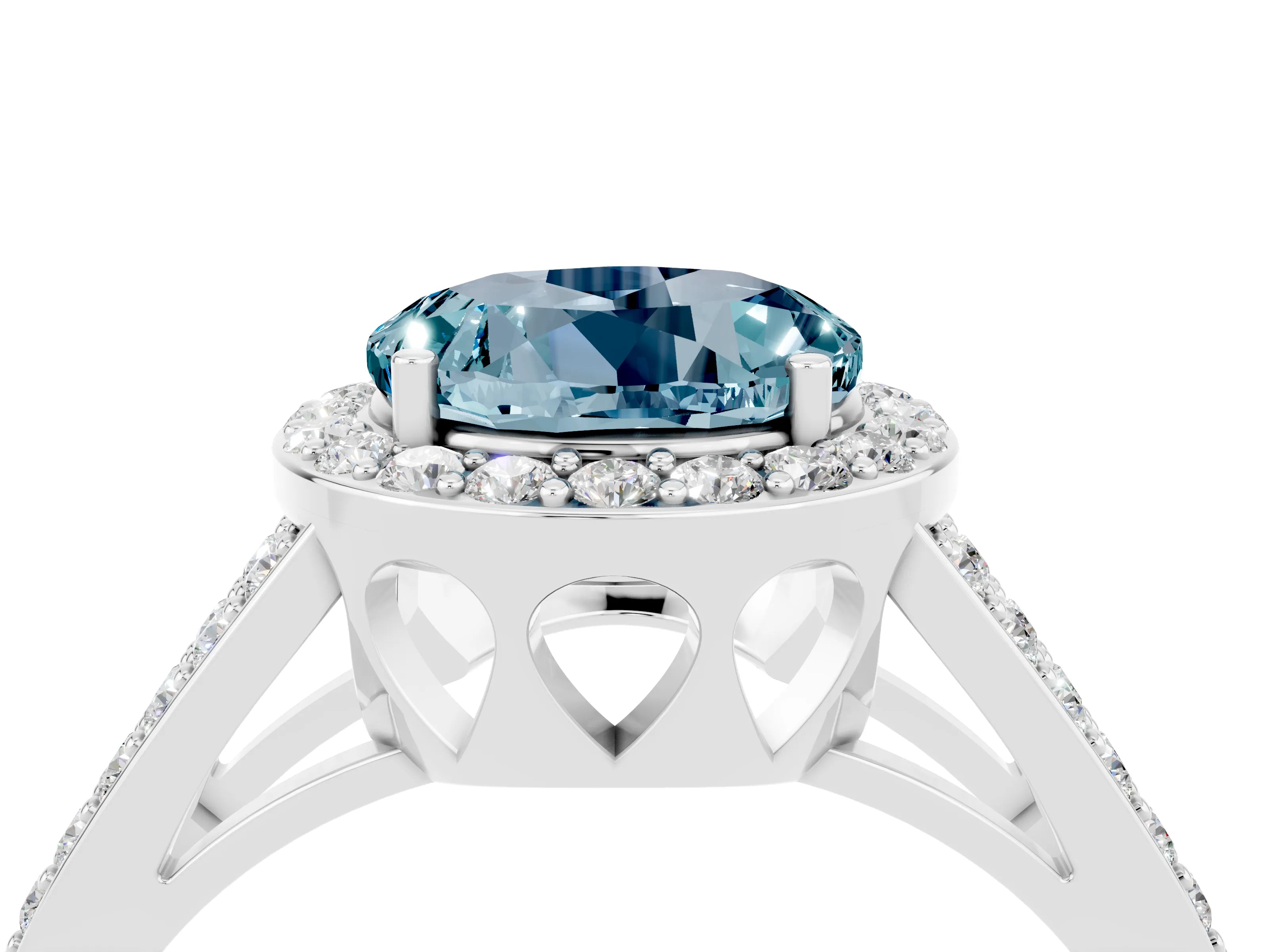 White gold Round Cut Aquamarine Halo Ring with Split Shank U-Prong Band and Four-Prong Setting_4