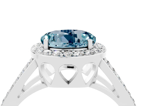 White gold Round Cut Aquamarine Halo Ring with Split Shank U-Prong Band and Four-Prong Setting_4