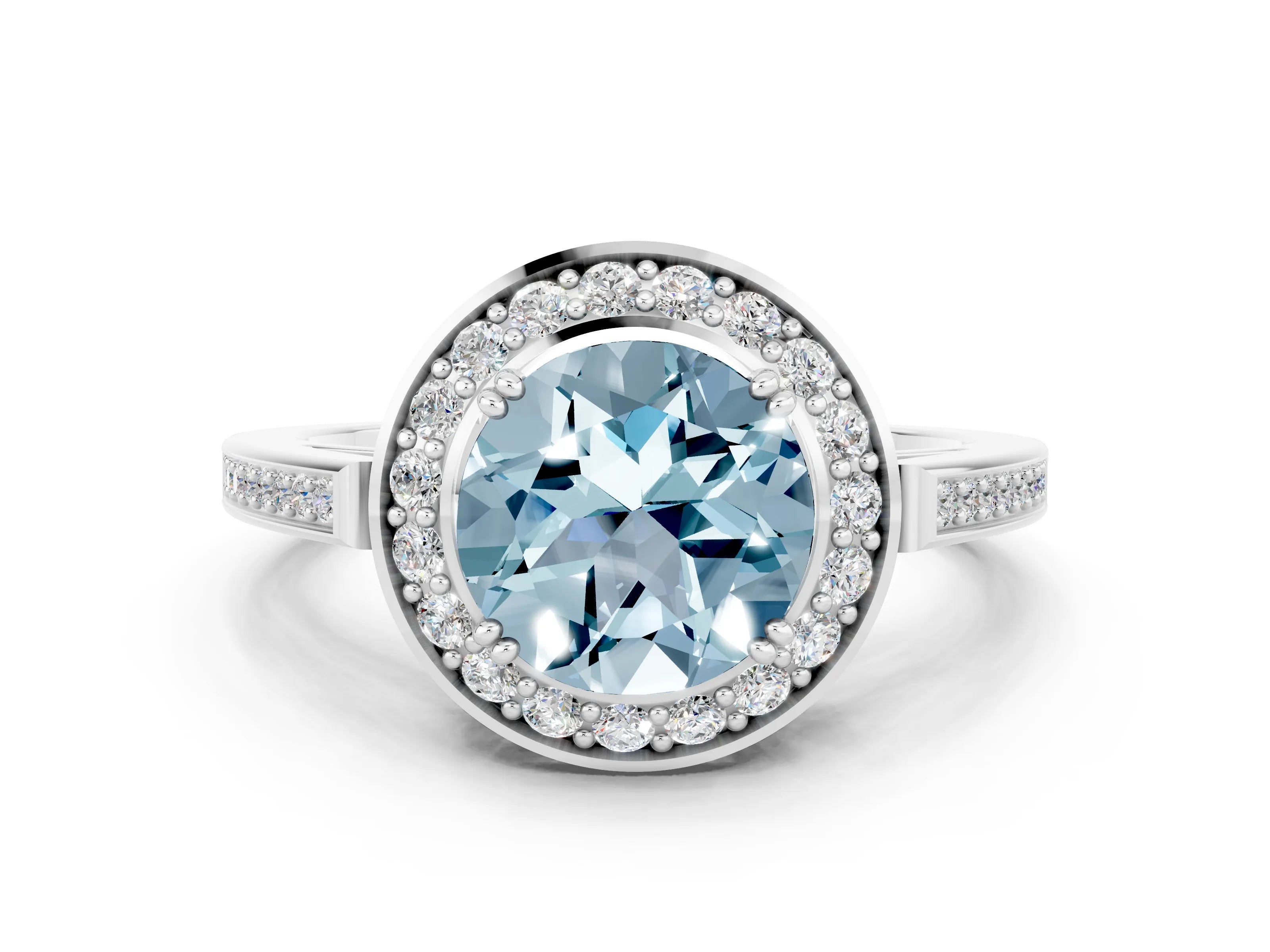 White gold Round Cut Aquamarine Halo Ring with Split Shank and Four-Prong Setting