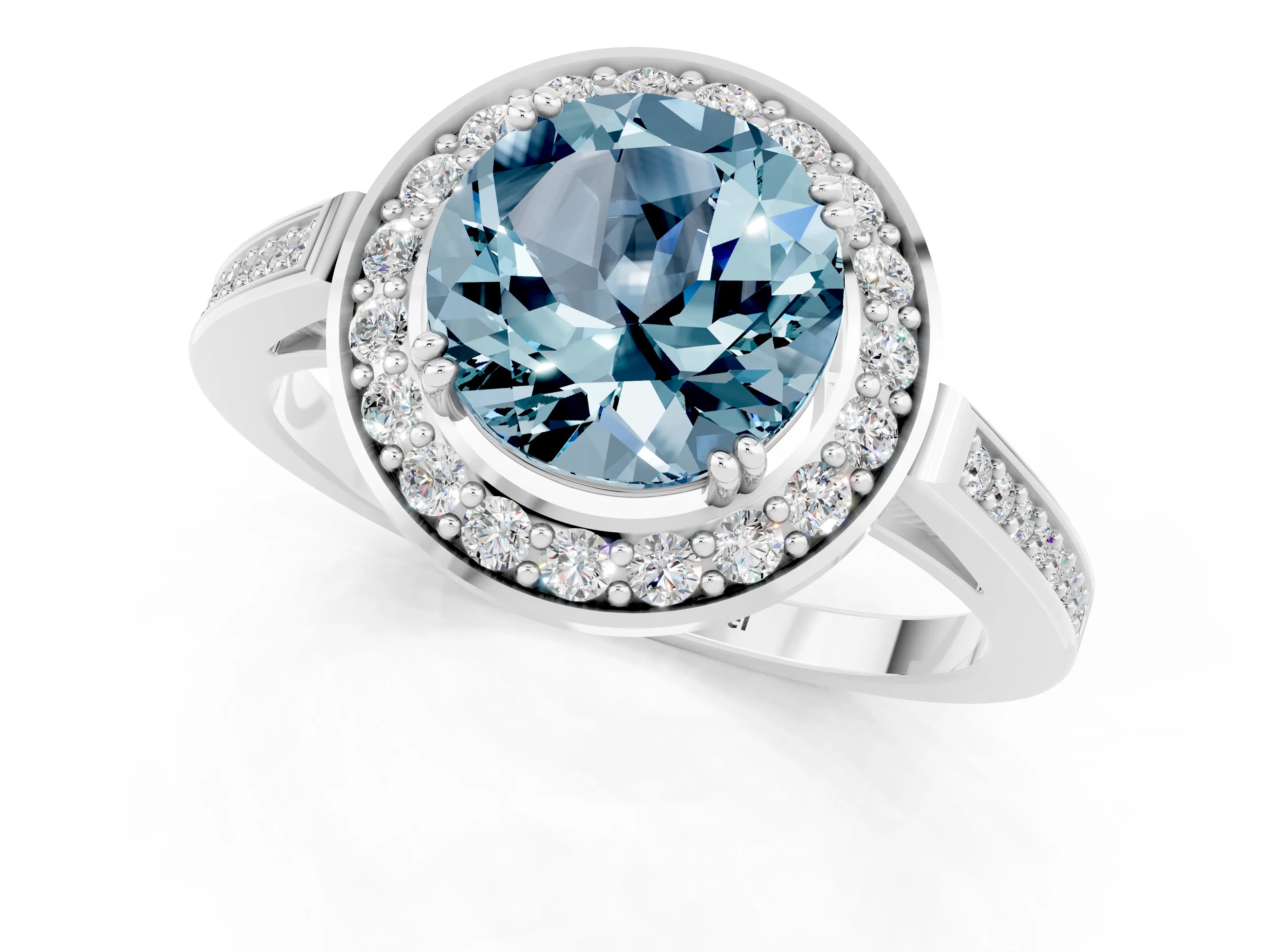White gold Round Cut Aquamarine Halo Ring with Split Shank and Four-Prong Setting_1